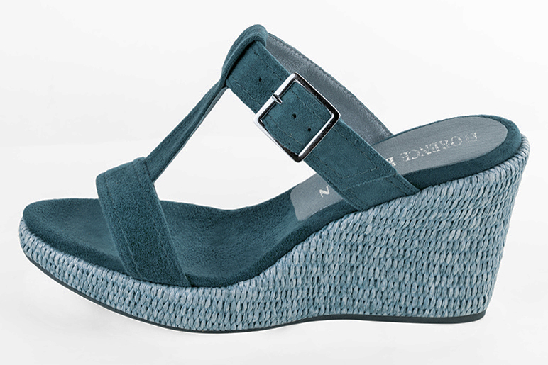 Peacock blue women's fully open mule sandals.. Profile view - Florence KOOIJMAN
